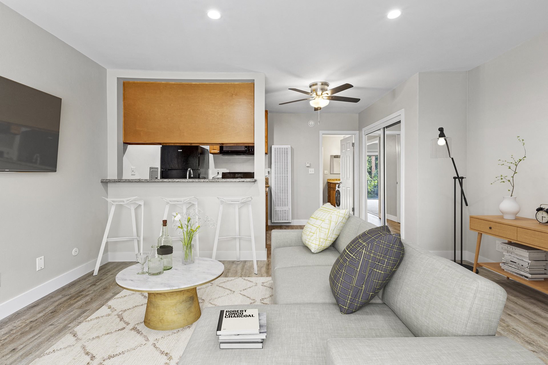 Living Room With Kitchen View at Parkview Terrace Apartments, California